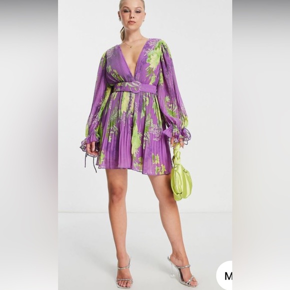 ASOS DESIGN pleated balloon sleeve mini dress w belt in purple floral print 10 - Picture 1 of 3
